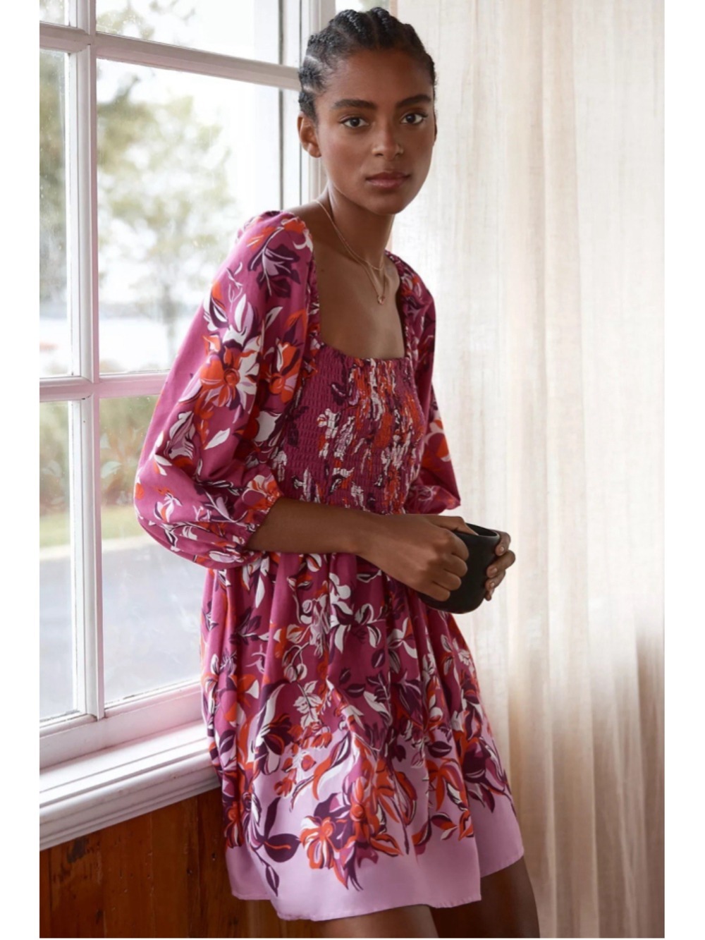 Alexandra Farmer For Anthropologie Smocked Mini Dress Pink Purple Floral SP
